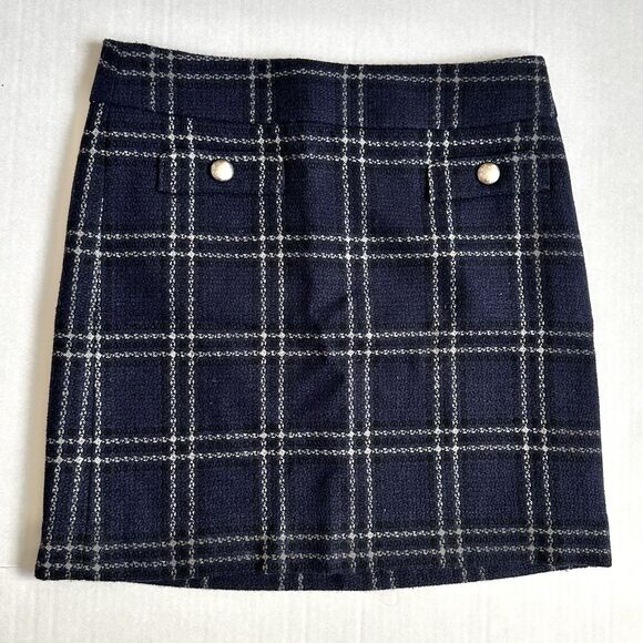 Ann Taylor Loft Tweed Navy Blue Plaid Mini Skirt Size 2 A Line Office Preppy - Picture 1 of 8